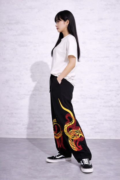 Attitude Start Of Fashion Women Black Dragon Print Loose Fit Jogger Pants – Streetwear Graphic Wide Leg Track Pants