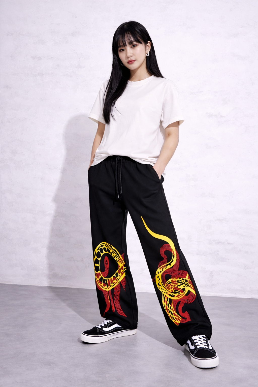 Attitude Start Of Fashion Women Black Dragon Print Loose Fit Jogger Pants – Streetwear Graphic Wide Leg Track Pants