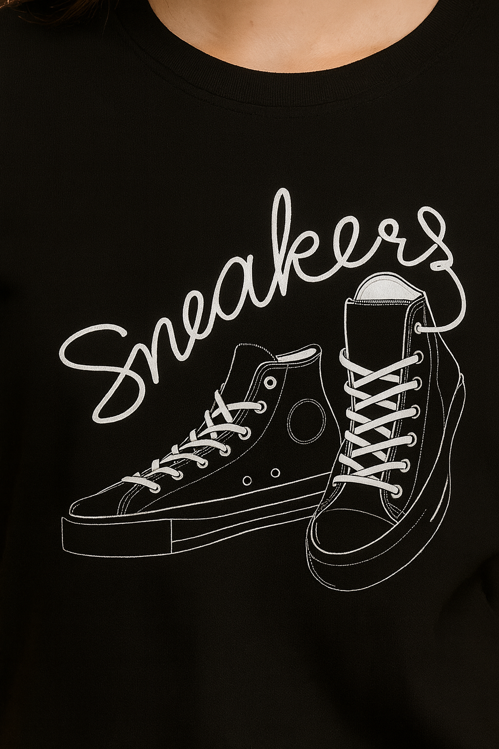 Attitude Start Of Fashion Women’s Black Sneakers Graphic T-Shirt – Minimal Line Art Casual Cotton Tee