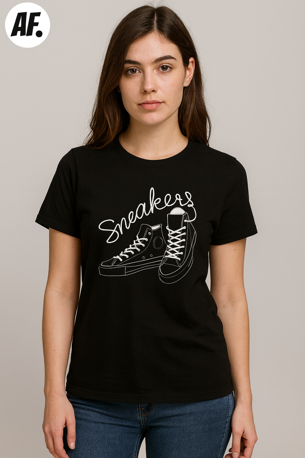 Attitude Start Of Fashion Women’s Black Sneakers Graphic T-Shirt – Minimal Line Art Casual Cotton Tee