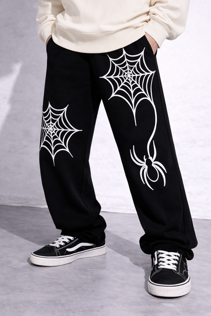 Attitude Start Of Fashion Spider Web Graphic Black Wide-Leg Sweatpants