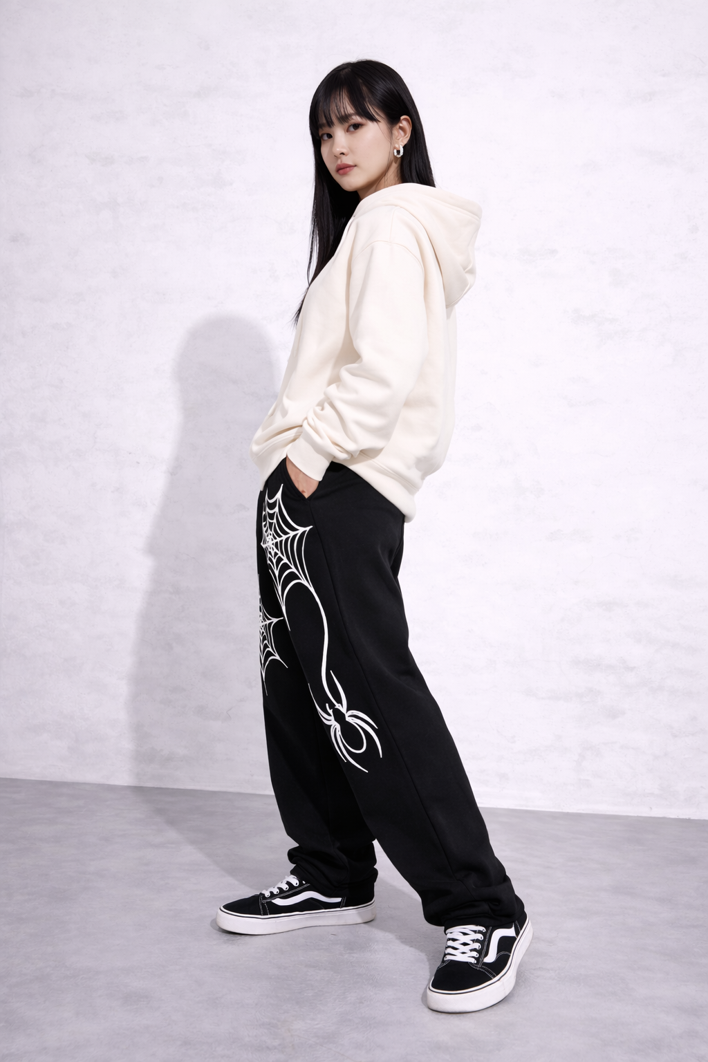 Attitude Start Of Fashion Spider Web Graphic Black Wide-Leg Sweatpants