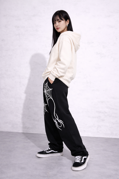 Attitude Start Of Fashion Spider Web Graphic Black Wide-Leg Sweatpants