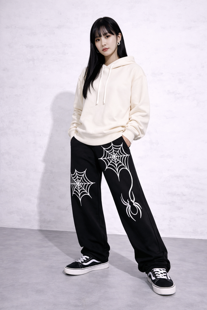 Attitude Start Of Fashion Spider Web Graphic Black Wide-Leg Sweatpants