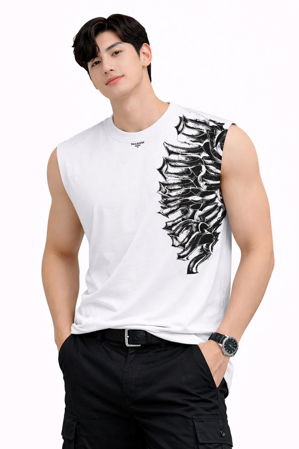 Attitude Start of Fashion Men’s White Sleeveless Graphic T-Shirt | Bold Black Print | Regular Fit