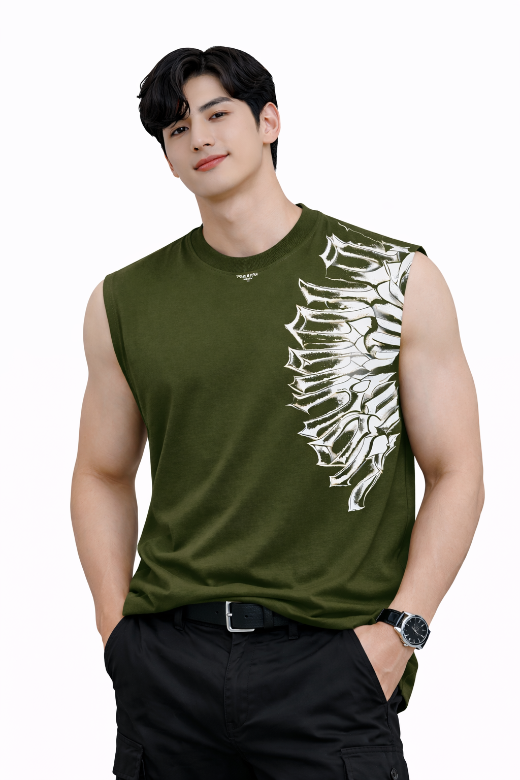 Attitude Start of Fashion Men Olive Green Graphic Print Sleeveless Cotton T-Shirt