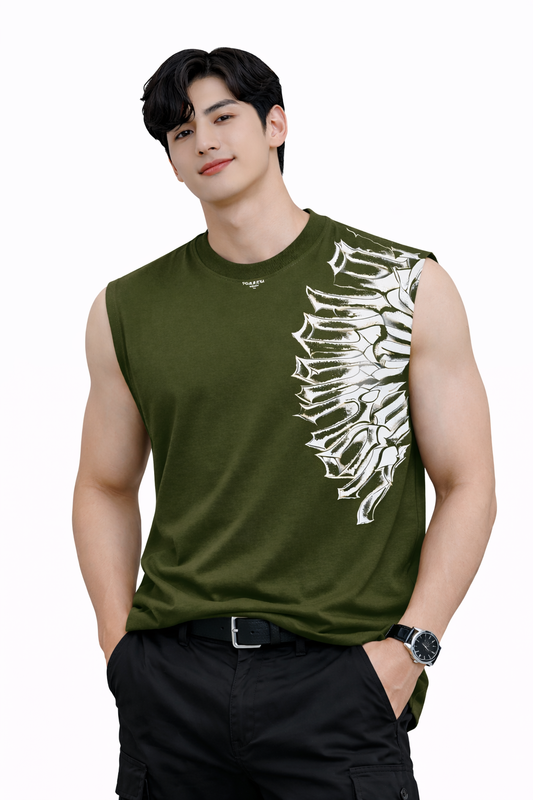 Attitude Start of Fashion Men Olive Green Graphic Print Sleeveless Cotton T-Shirt