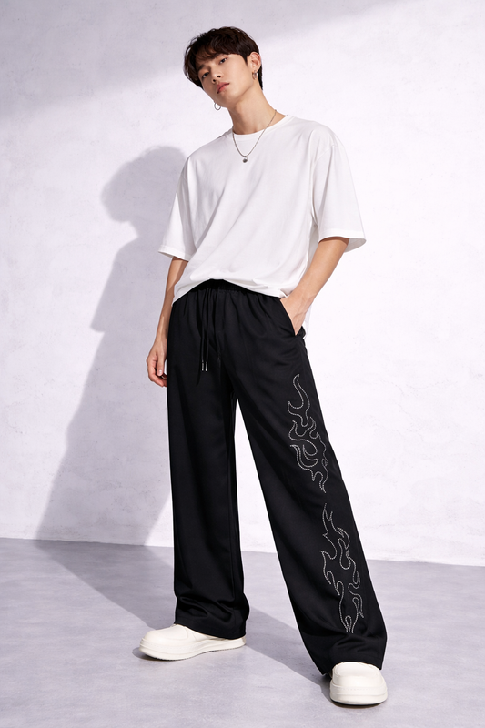 ATTITUDE START OF FASHION Men’s Black Flame Print Relaxed Fit Baggy Pants