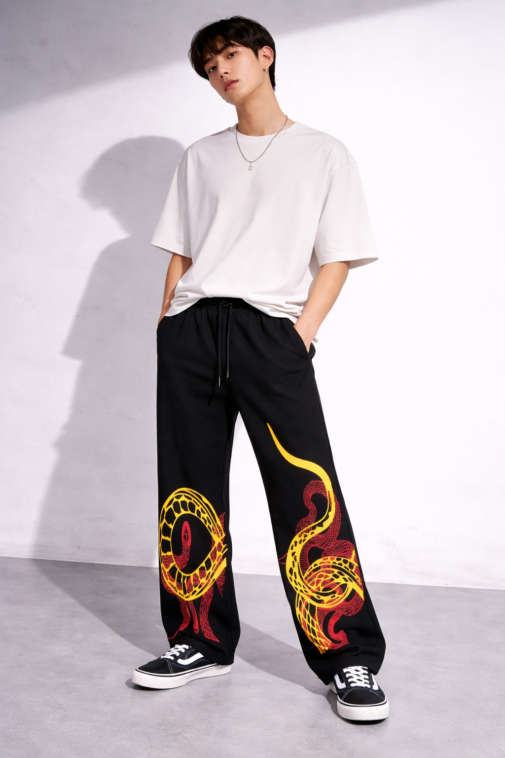 ATTITUDE START OF FASHION Men’s Black Snake Graphic Print Baggy Pants
