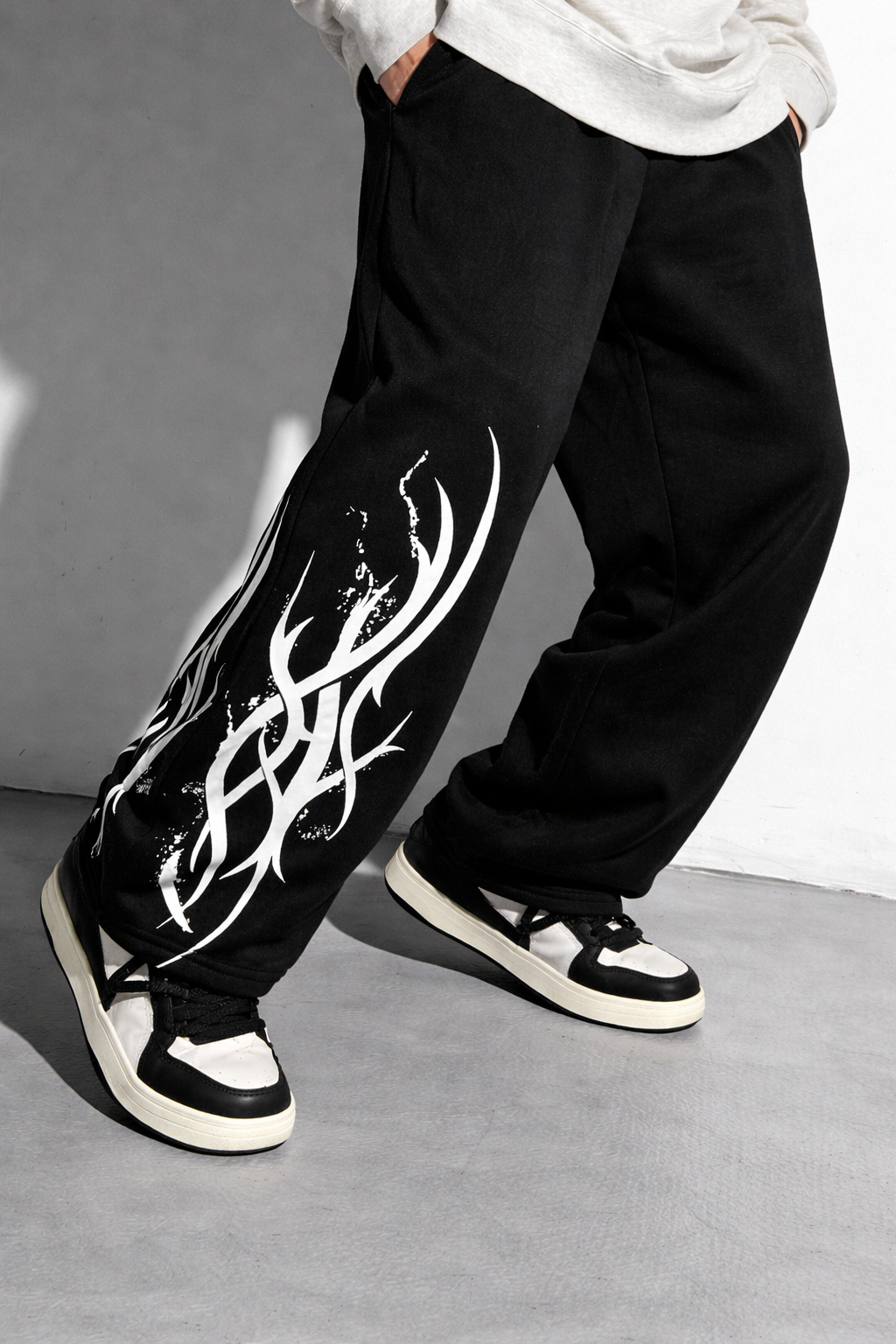 ATTITUDE START OF FASHION Men’s Black Tribal Flame Print Loose Fit Baggy Pants