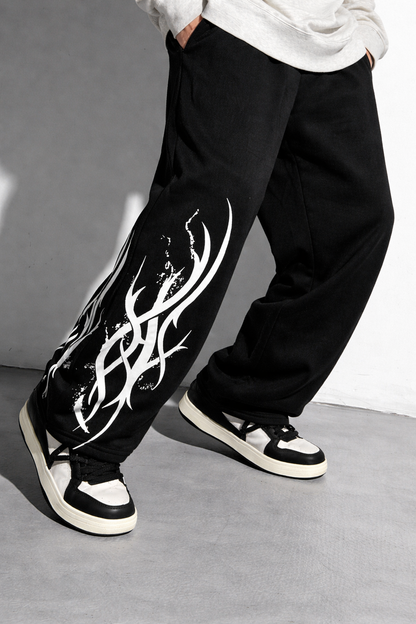ATTITUDE START OF FASHION Men’s Black Tribal Flame Print Loose Fit Baggy Pants