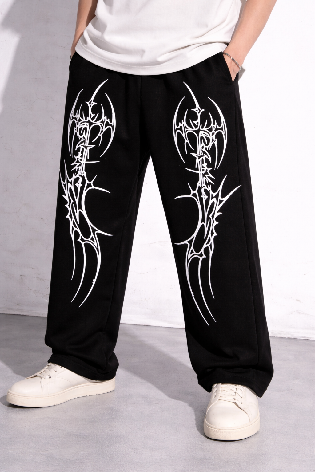 ATTITUDE START OF FASHION Men’s Black Gothic Tribal Print Wide-Leg Jogger Pants