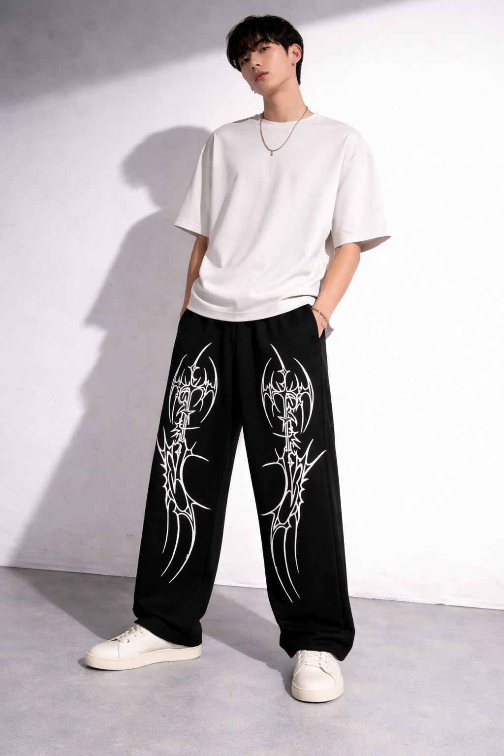 ATTITUDE START OF FASHION Men’s Black Gothic Tribal Print Wide-Leg Jogger Pants