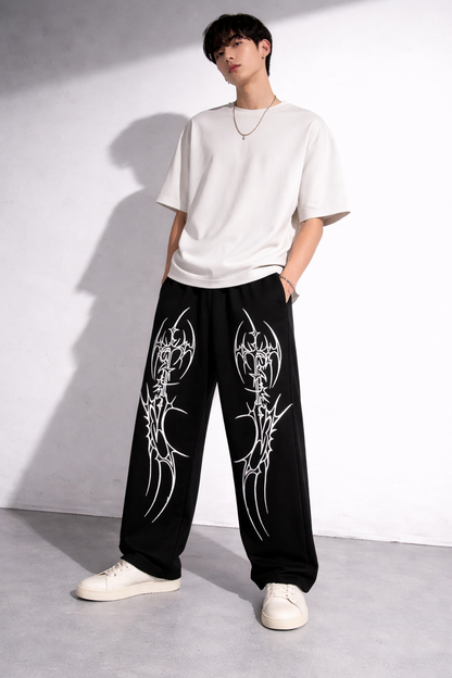 ATTITUDE START OF FASHION Men’s Black Gothic Tribal Print Wide-Leg Jogger Pants