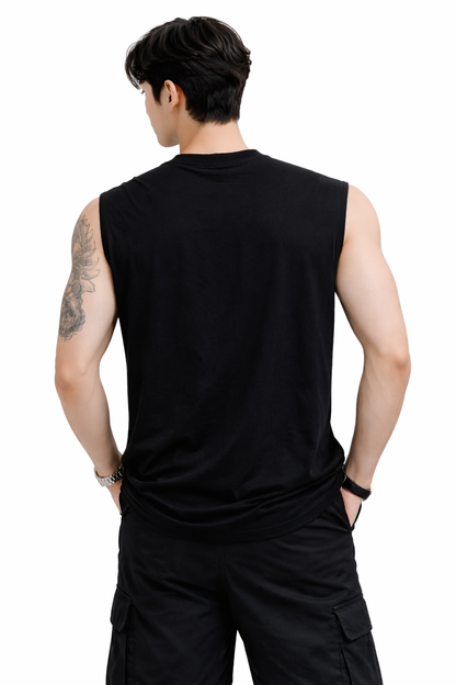 Attitude Start of Fashion Men’s Black Sleeveless Streetwear T-Shirt with Tribal Side Print