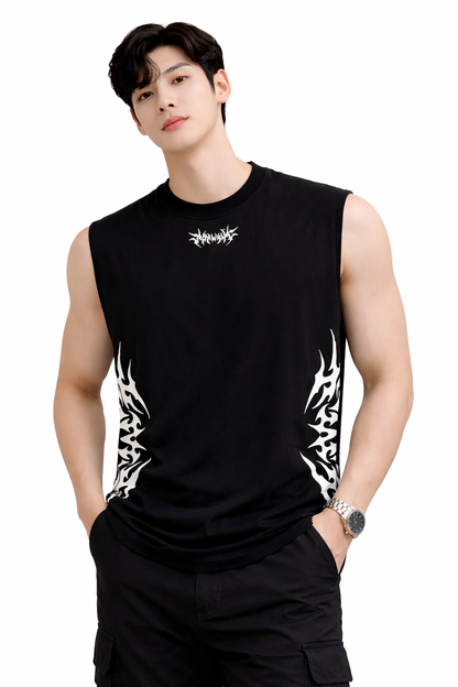 Attitude Start of Fashion Men’s Black Sleeveless Streetwear T-Shirt with Tribal Side Print