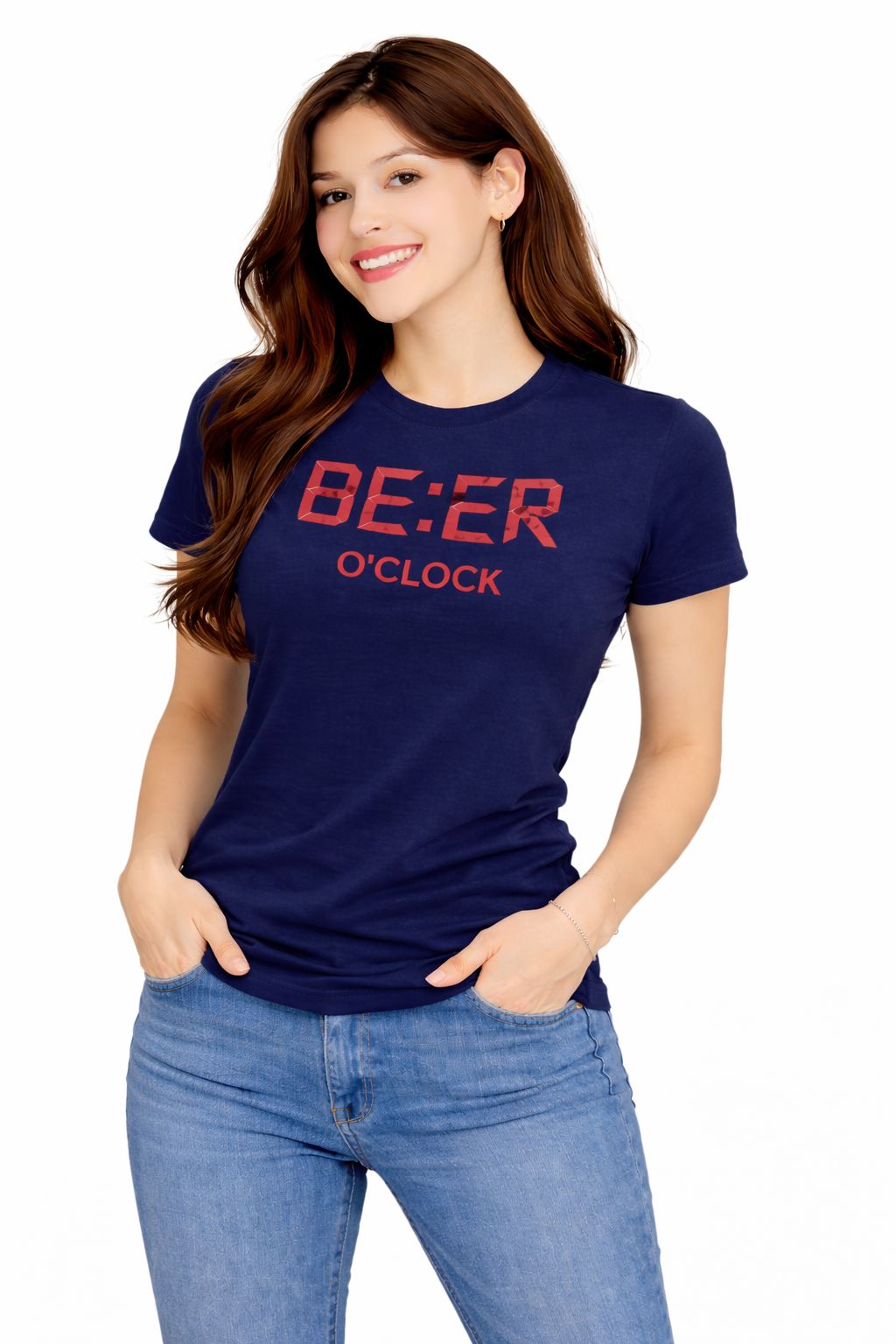 Attitude Start Of Fashion Women Navy Blue Printed Cotton T-Shirt – BE:ER O’CLOCK Graphic Tee