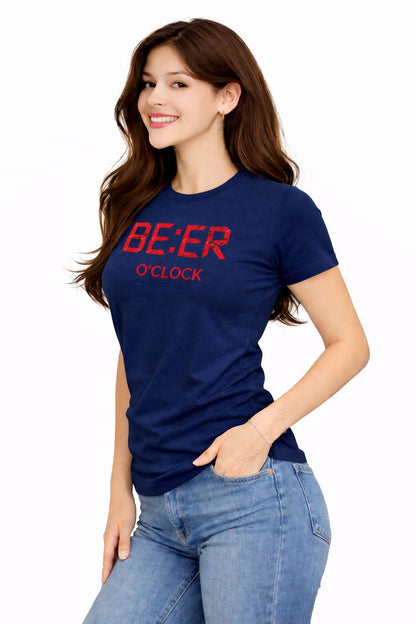 Attitude Start Of Fashion Women Navy Blue Printed Cotton T-Shirt – BE:ER O’CLOCK Graphic Tee