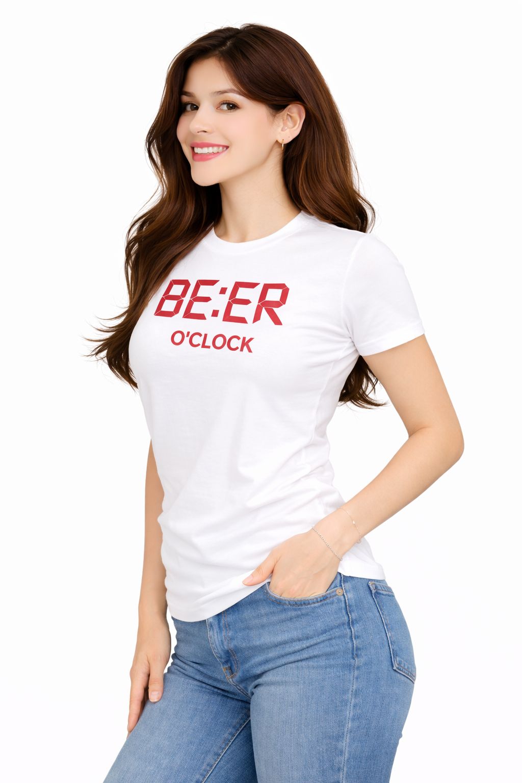 Attitude Start Of Fashion Women Printed Round Neck Cotton T-Shirt – White (BE:ER O’CLOCK)