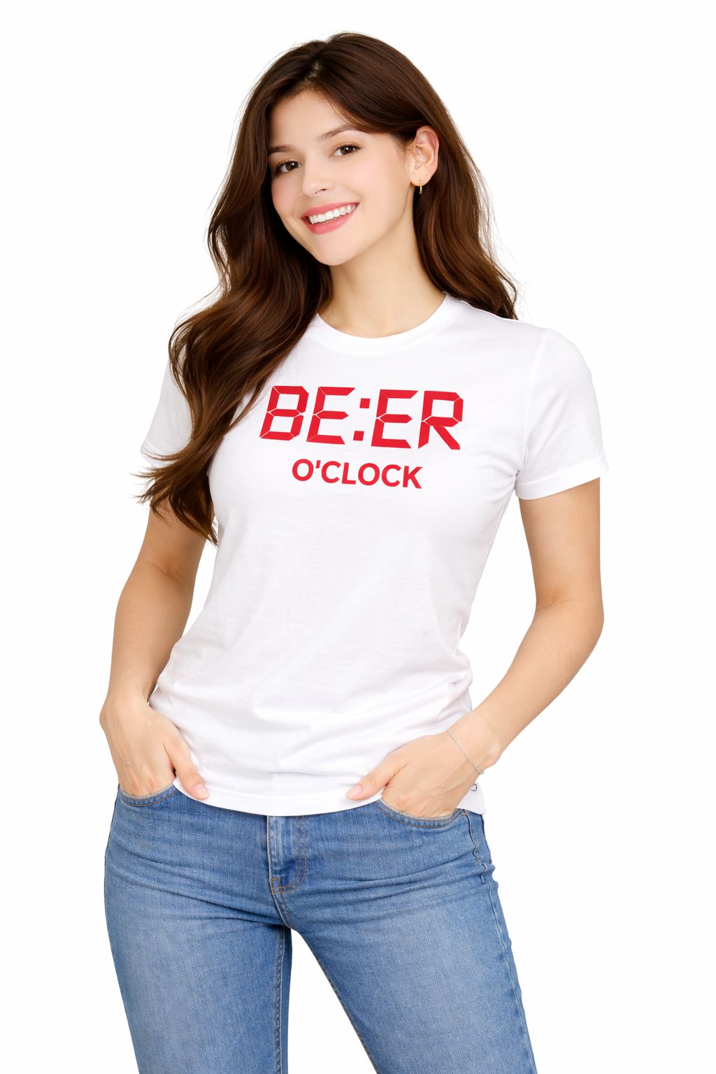 Attitude Start Of Fashion Women Printed Round Neck Cotton T-Shirt – White (BE:ER O’CLOCK)