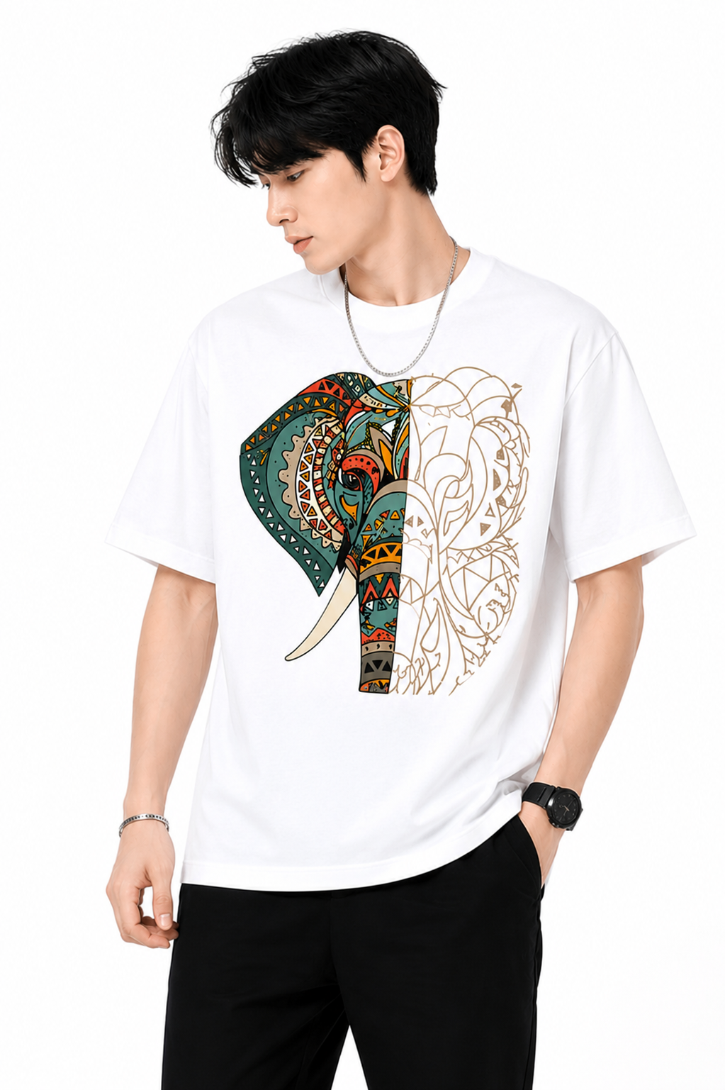 Attitude Men's Graphic Printed Elephant T-Shirt | Water Splash Wildlife Art Design | Premium Cotton Black Casual Round Neck Tee for Men
