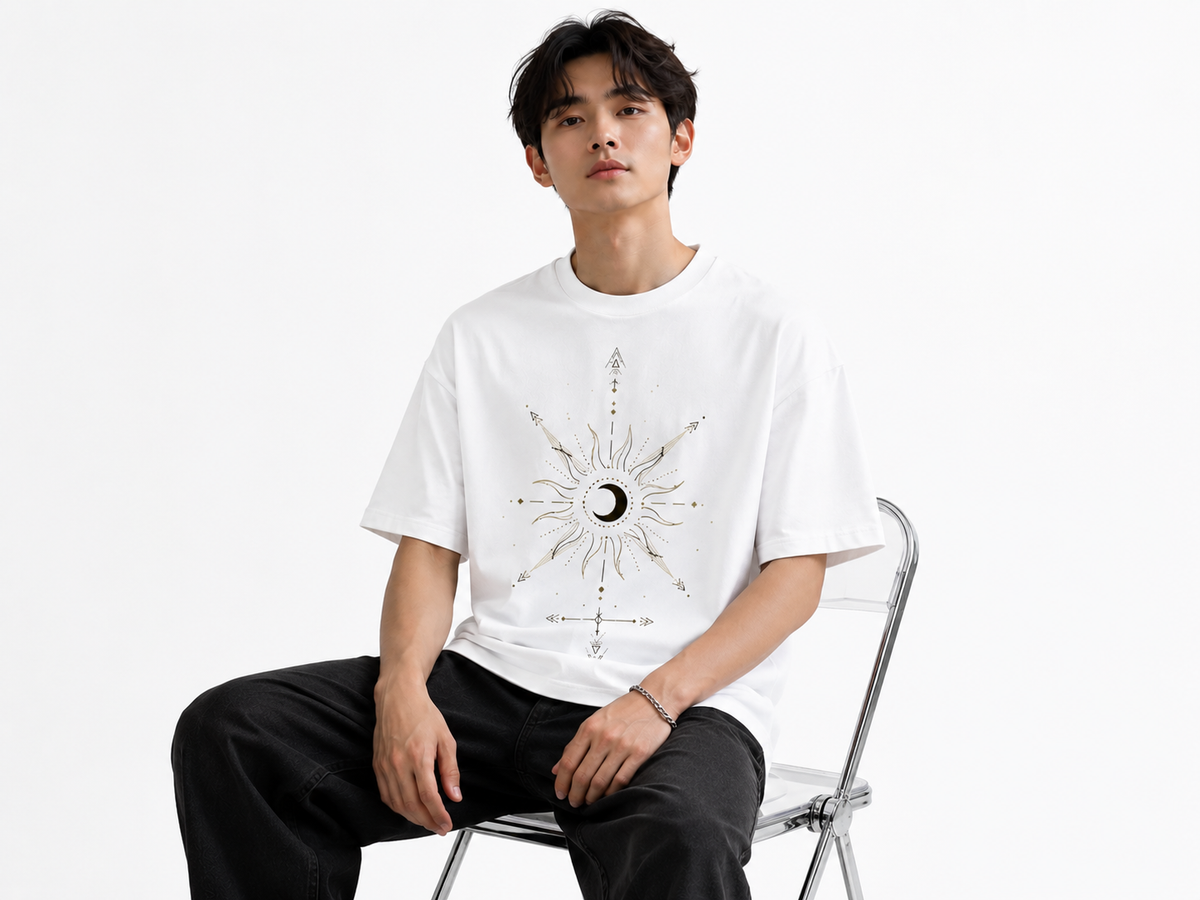 Attitude Men Sun Printed Crew Neck Oversized Fit Cotton T- Shirt