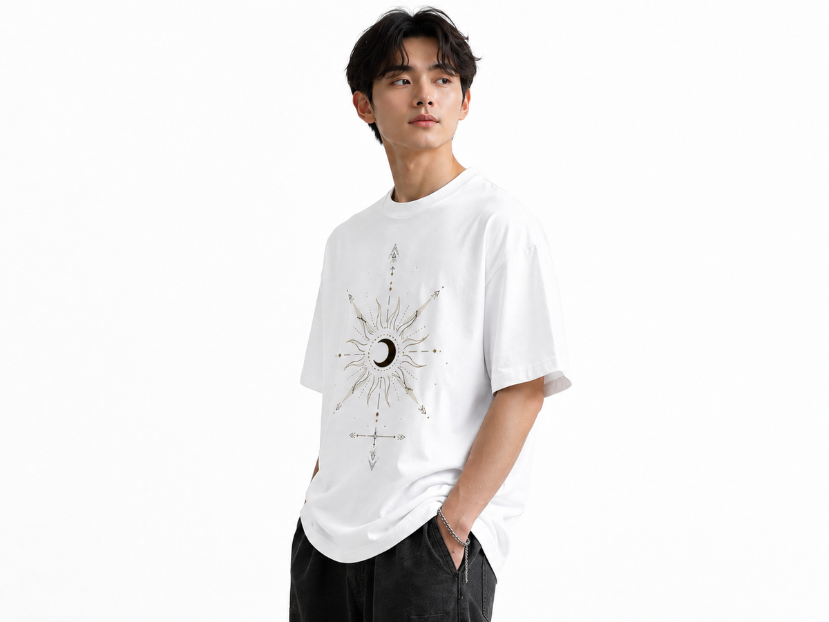 Attitude Men Sun Printed Crew Neck Oversized Fit Cotton T- Shirt