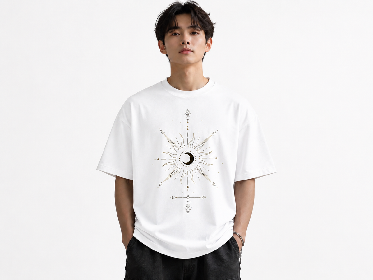 Attitude Men Sun Printed Crew Neck Oversized Fit Cotton T- Shirt