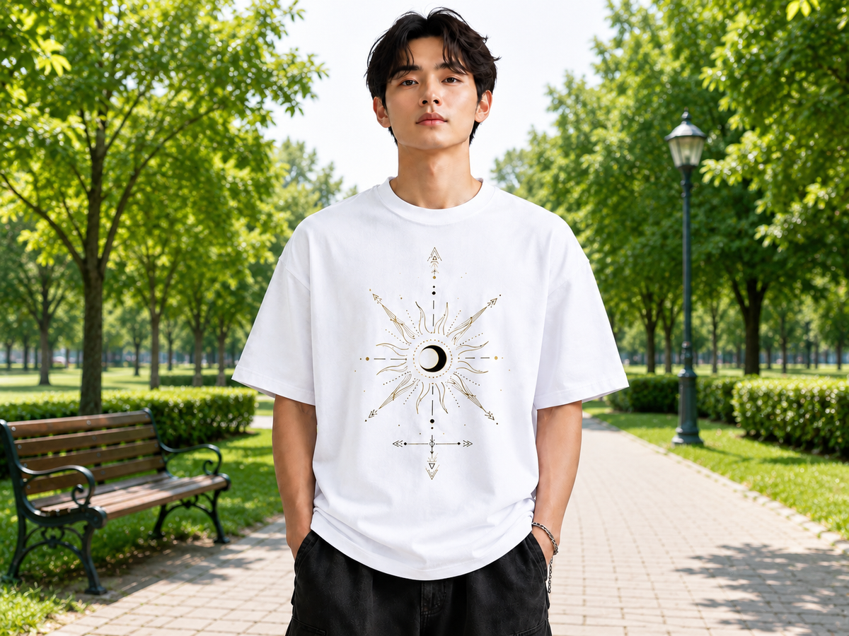 Attitude Men Sun Printed Crew Neck Oversized Fit Cotton T- Shirt