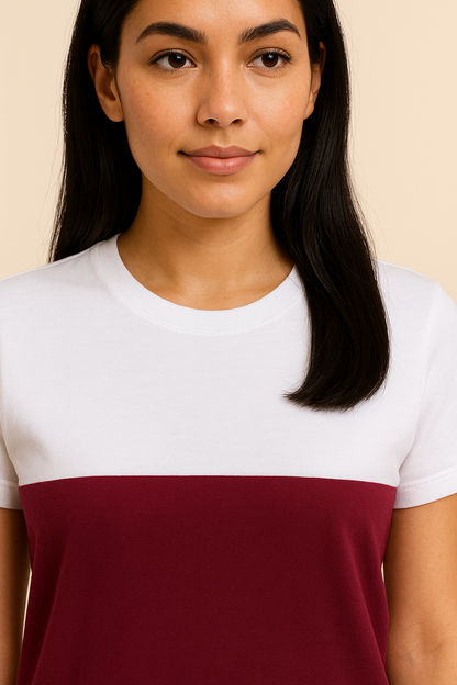 Attitude Start Of Fashion Women’s White & Maroon Colorblock Cotton T-Shirt – Casual Slim Fit Tee