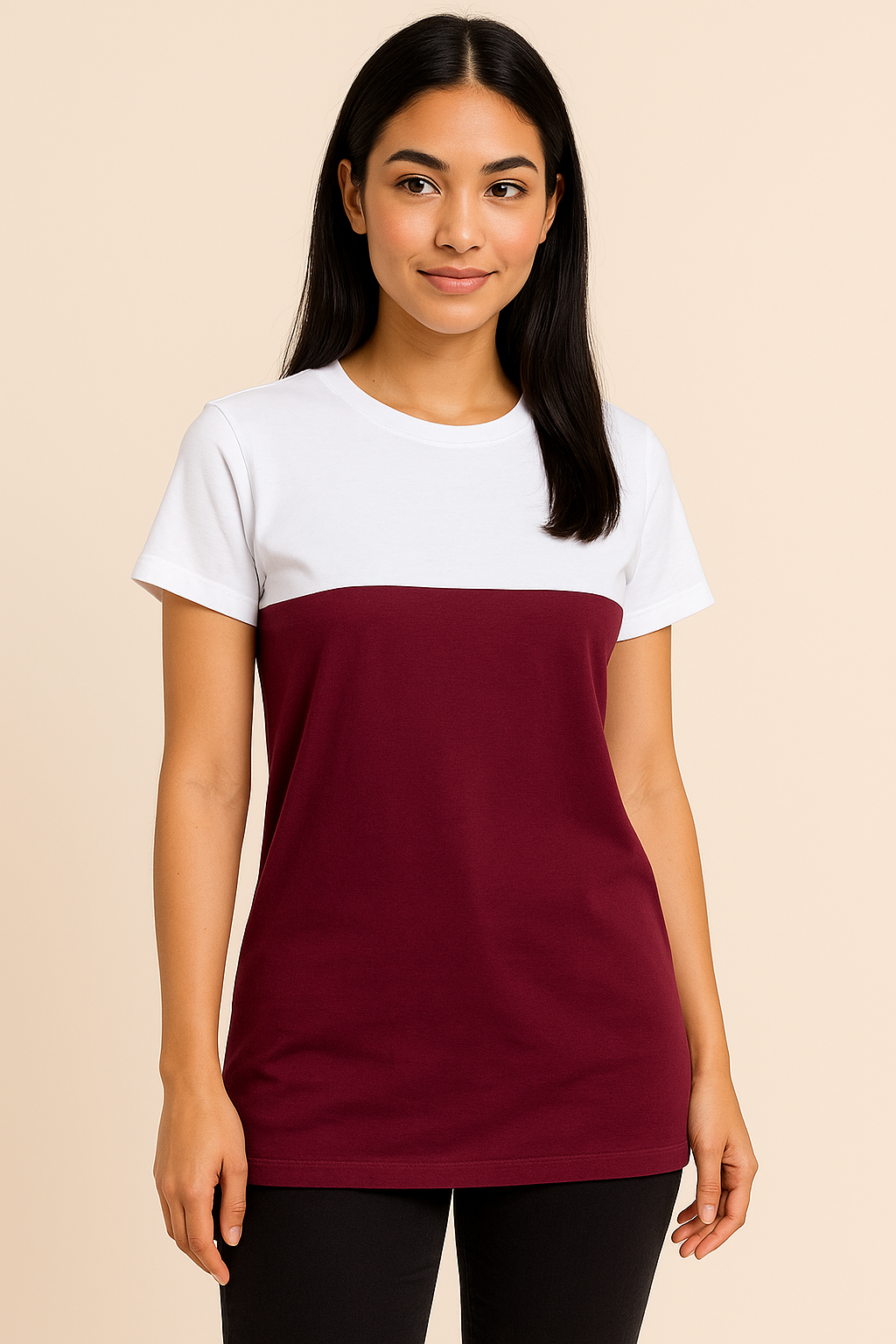 Attitude Start Of Fashion Women’s White & Maroon Colorblock Cotton T-Shirt – Casual Slim Fit Tee