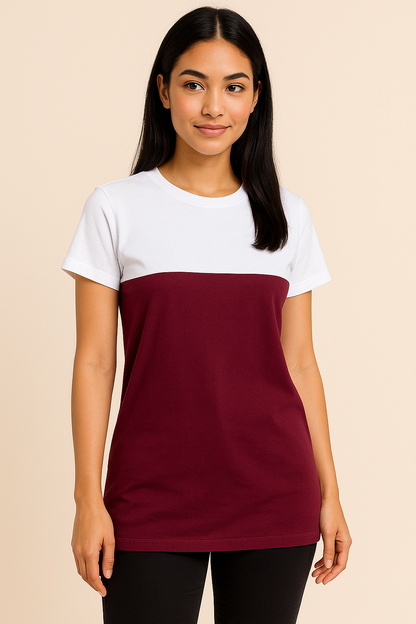 Attitude Start Of Fashion Women’s White & Maroon Colorblock Cotton T-Shirt – Casual Slim Fit Tee