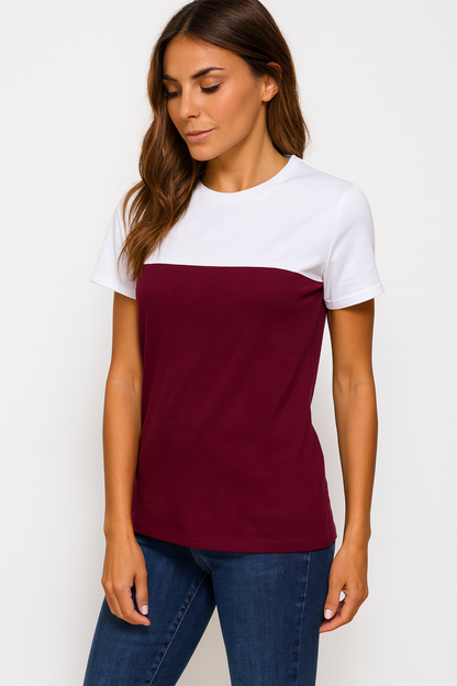 Attitude Start Of Fashion Women’s White & Maroon Colorblock Cotton T-Shirt – Casual Slim Fit Tee