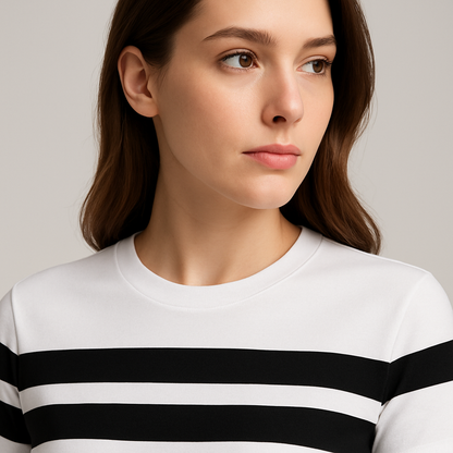 Attitude Start Of Fashion Women’s White Cotton T-Shirt with Black Stripe Design – Regular Fit Casual Wear