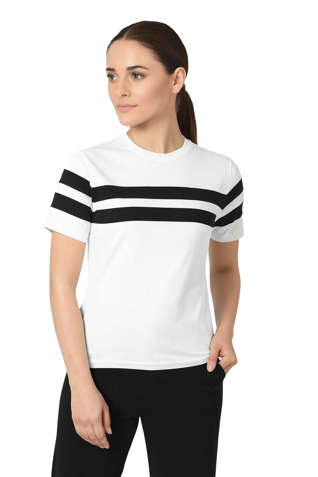 Attitude Start Of Fashion Women’s White Cotton T-Shirt with Black Stripe Design – Regular Fit Casual Wear