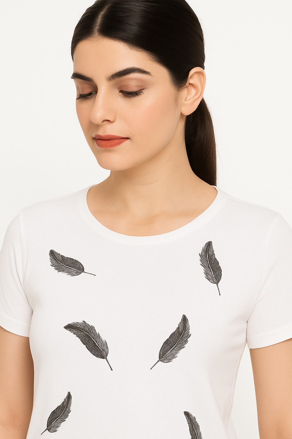 Attitude Start Of Fashion Women’s White Feather Print T-Shirt – Soft Cotton Casual Tee