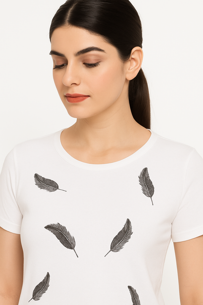 Attitude Start Of Fashion Women’s White Feather Print T-Shirt – Soft Cotton Casual Tee