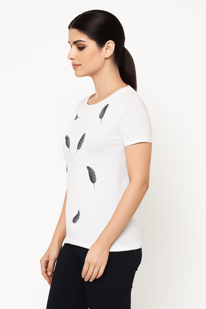 Attitude Start Of Fashion Women’s White Feather Print T-Shirt – Soft Cotton Casual Tee