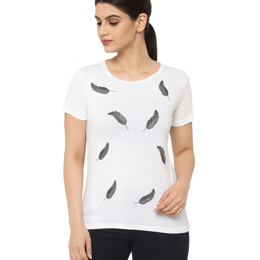 Attitude Start Of Fashion Women’s White Feather Print T-Shirt – Soft Cotton Casual Tee