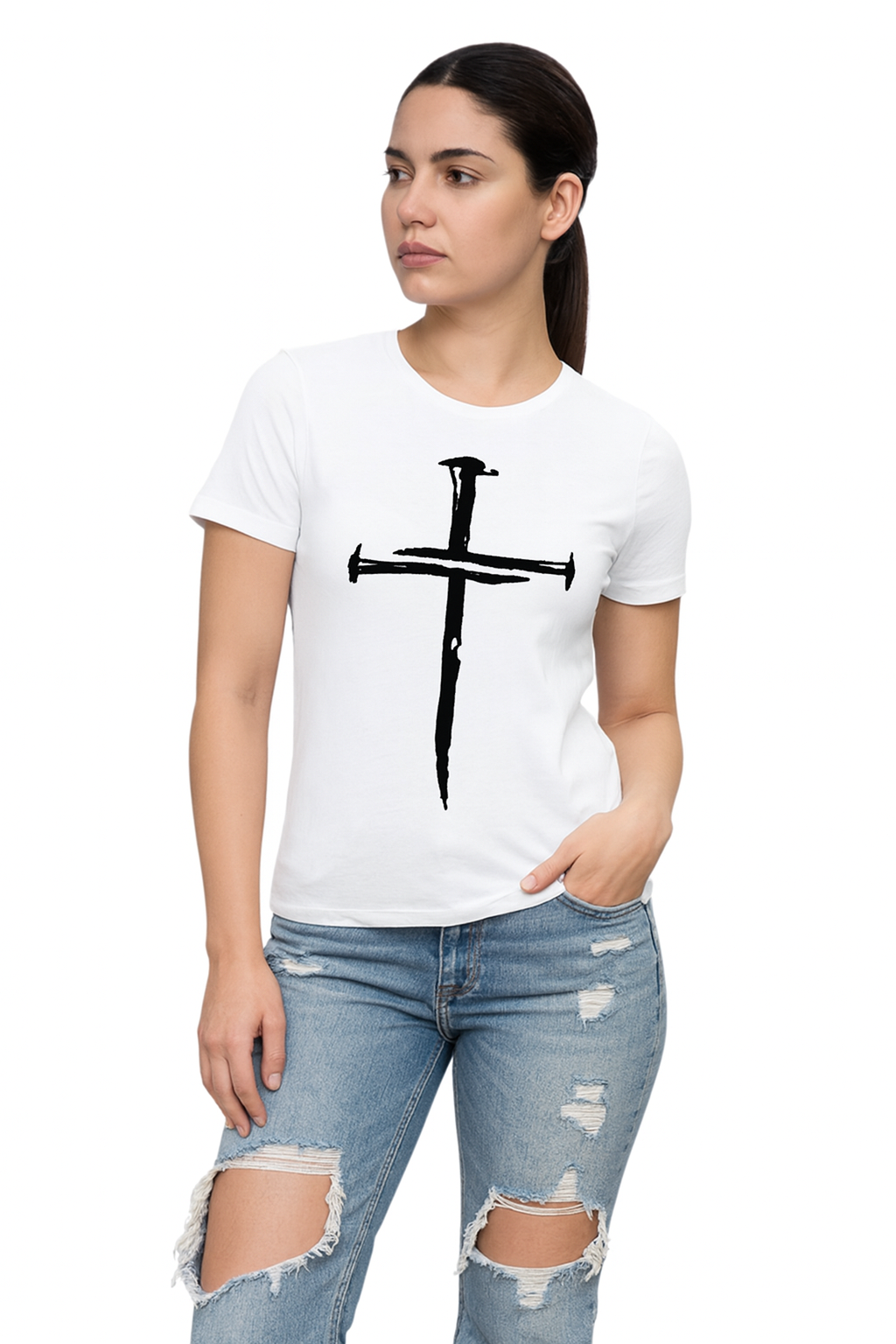 Attitude Start Of Fashion Women white sword  printed T-shirt
