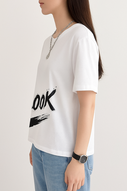 Attitude Start Of Fashion White “LOOK” Printed T-Shirt