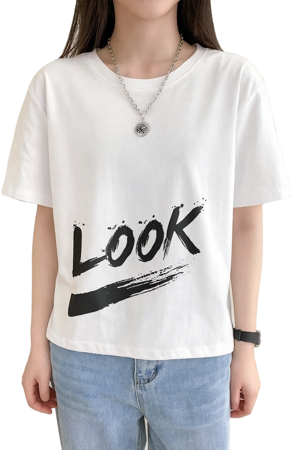 Attitude Start Of Fashion White “LOOK” Printed T-Shirt
