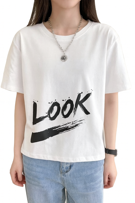 Attitude Start Of Fashion White “LOOK” Printed T-Shirt