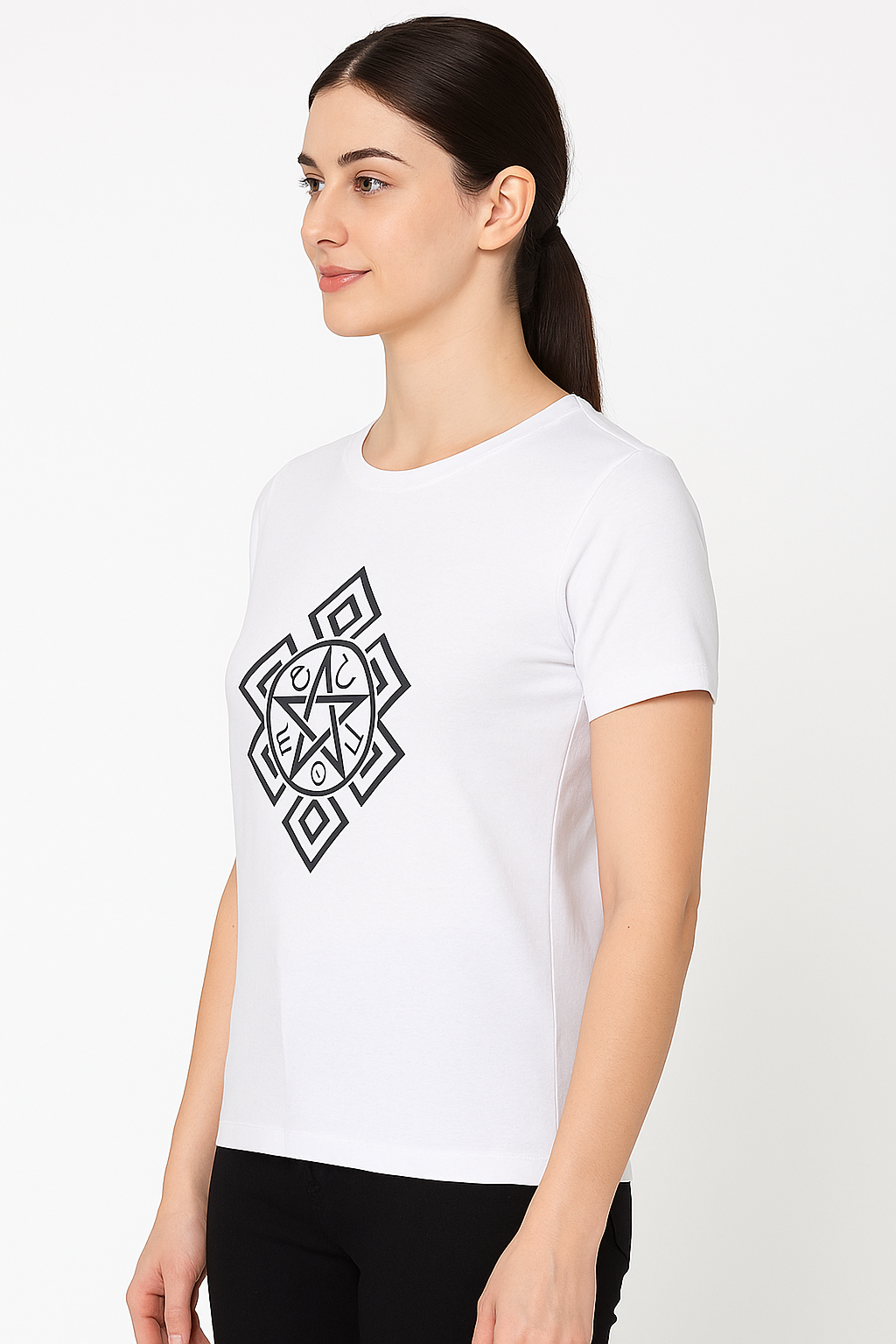 Attitude Start Of Fashion Mystic Pentagram Geometric Symbol White T-Shirt for Women