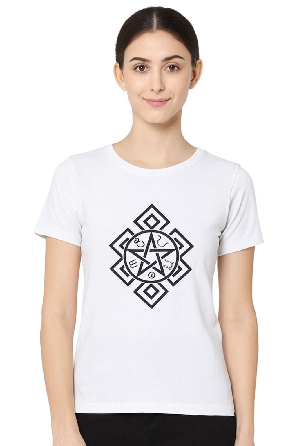 Attitude Start Of Fashion Mystic Pentagram Geometric Symbol White T-Shirt for Women