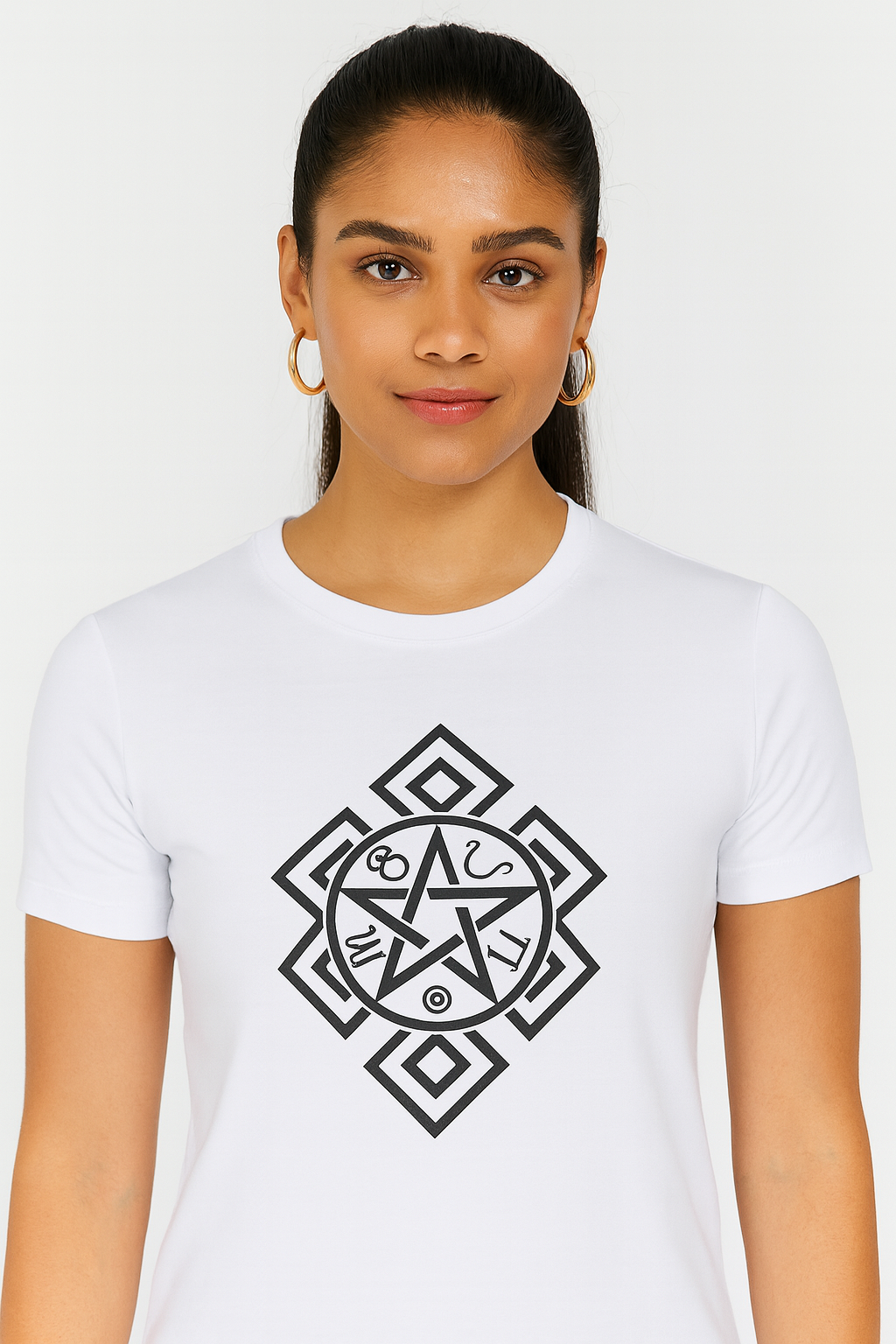 Attitude Start Of Fashion Mystic Pentagram Geometric Symbol White T-Shirt for Women