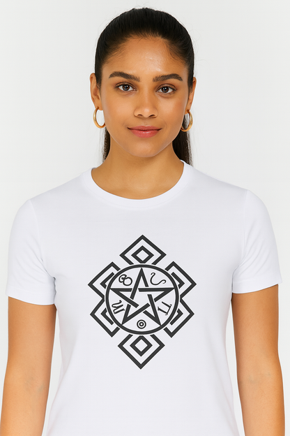 Attitude Start Of Fashion Mystic Pentagram Geometric Symbol White T-Shirt for Women