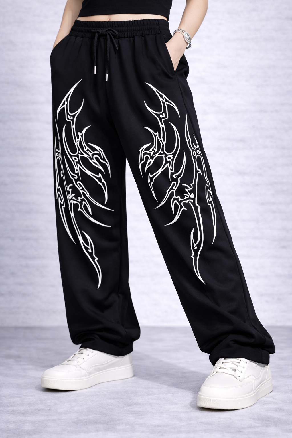 Attitude Start Of Fashion Women Black Y2K Tribal Wide-Leg Baggy