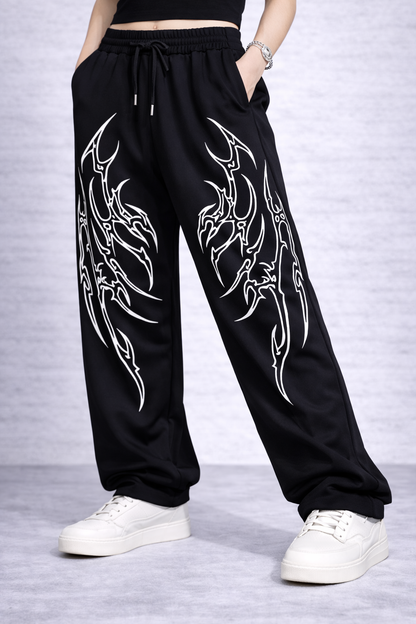Attitude Start Of Fashion Women Black Y2K Tribal Wide-Leg Baggy