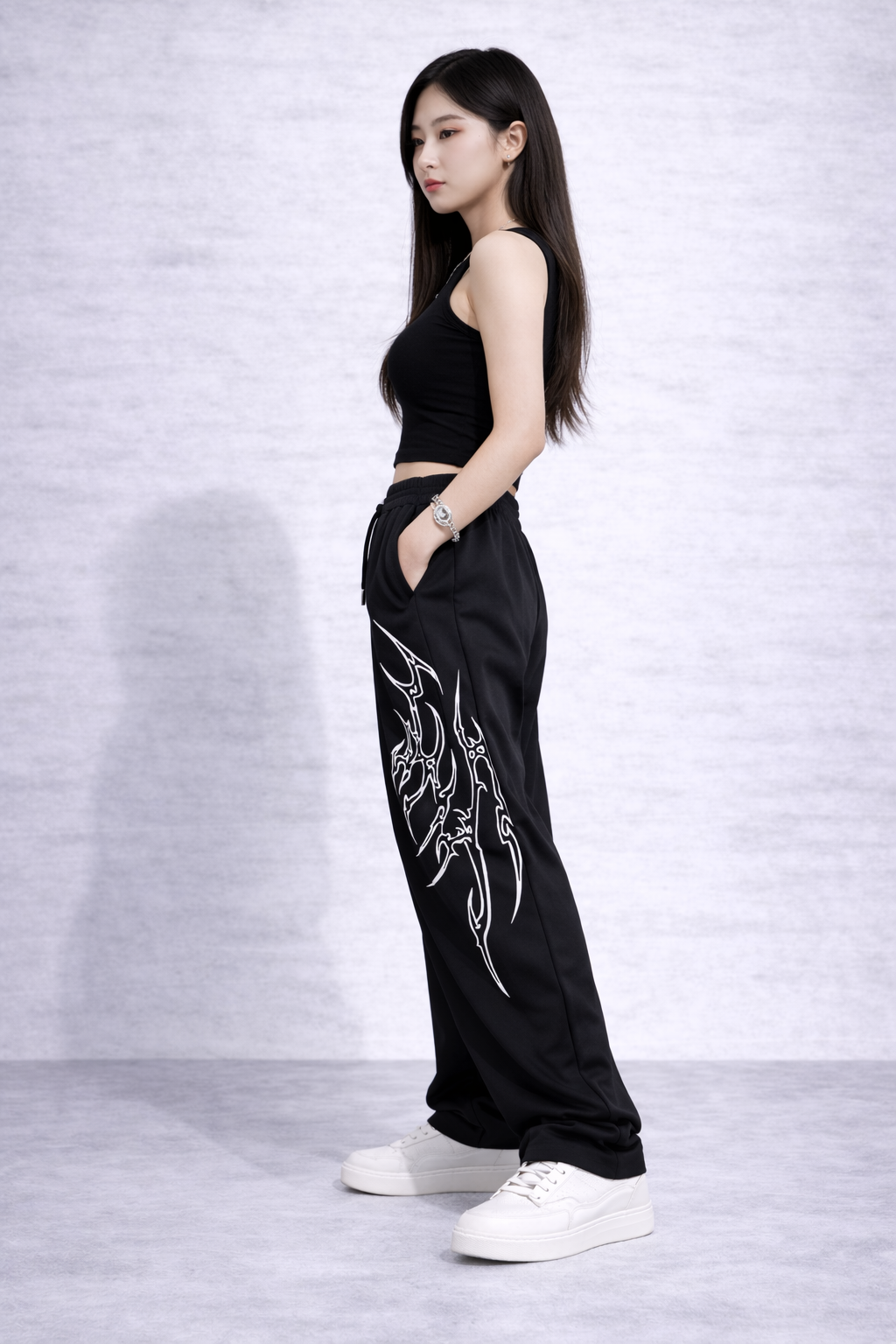 Attitude Start Of Fashion Women Black Y2K Tribal Wide-Leg Baggy